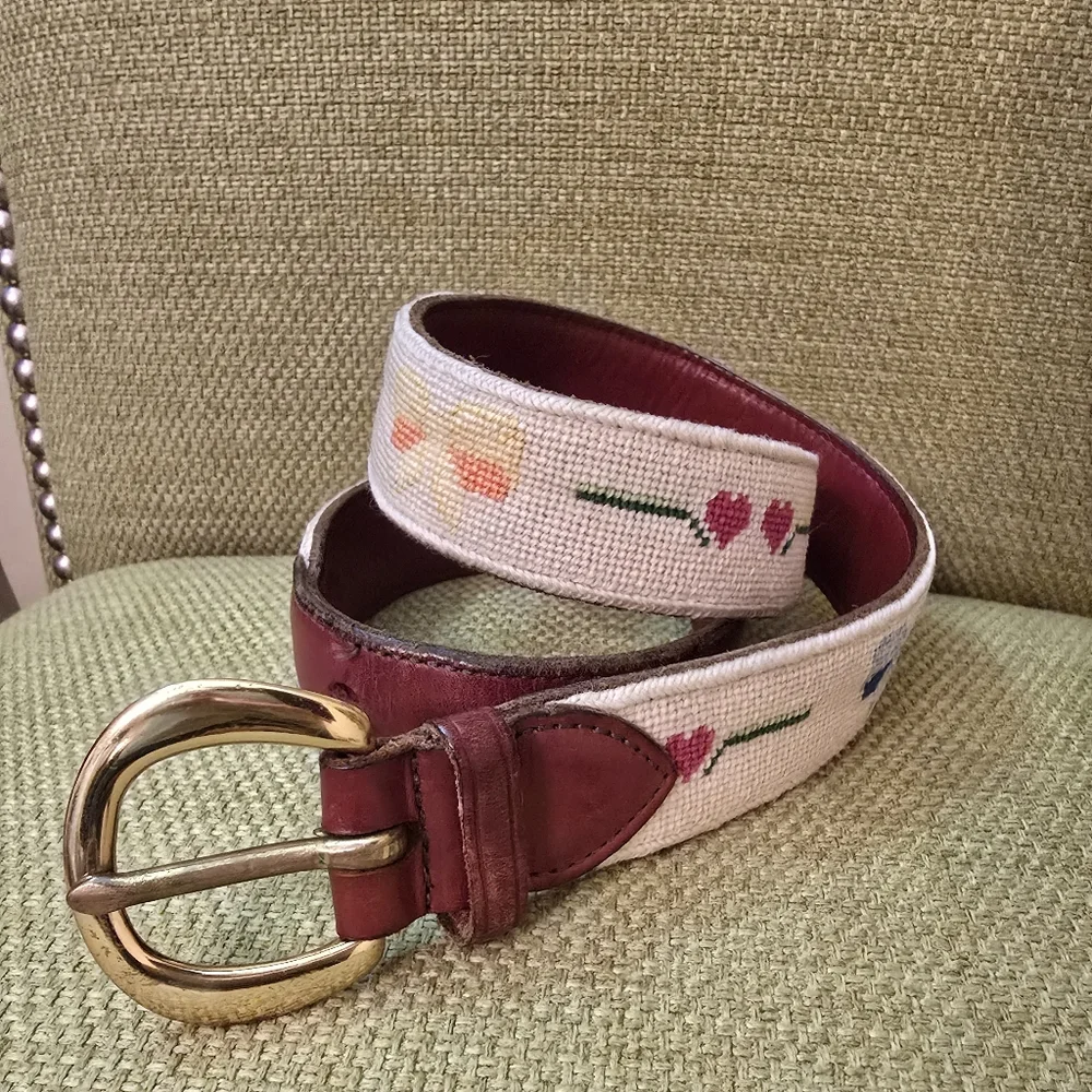 Vintage Bows & Hearts Handmade Needlepoint Leather Belt